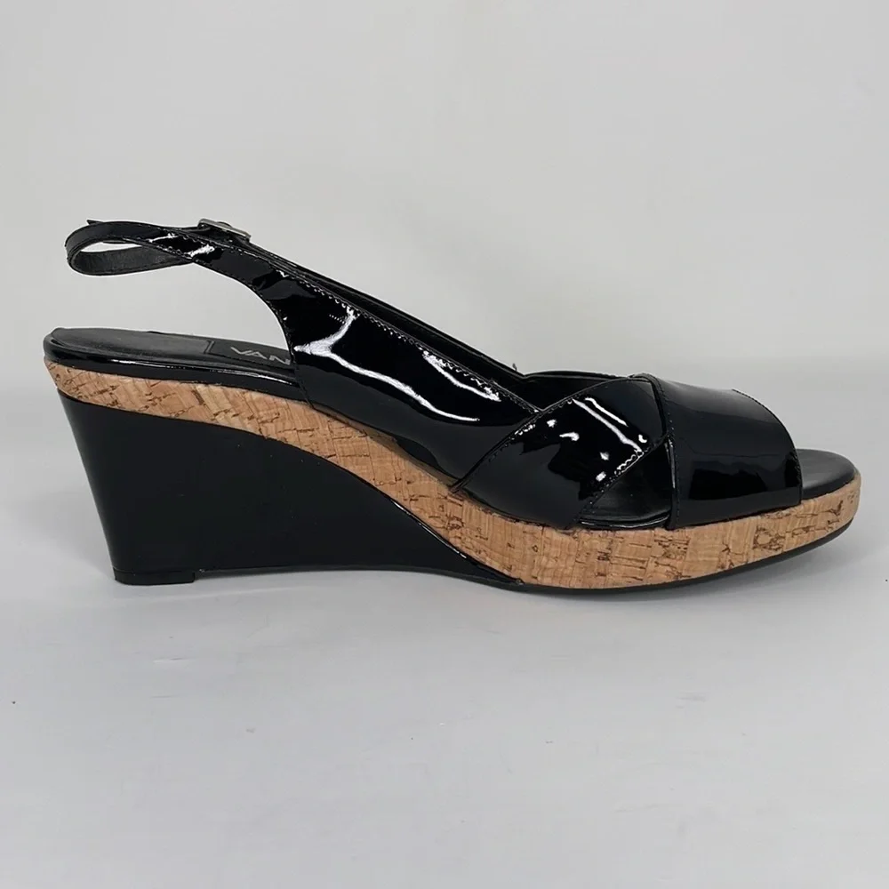 VAN ELI Wedge Heel Sandals Sling Back Open Toe Black Patent Leather Cork 9.5